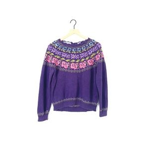 Vintage hand embroidered floral knit sweater in purple size M